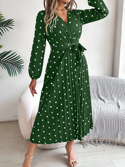 Elegant Polka Dot Cross-Over V-Neck Pleated Midi Dress