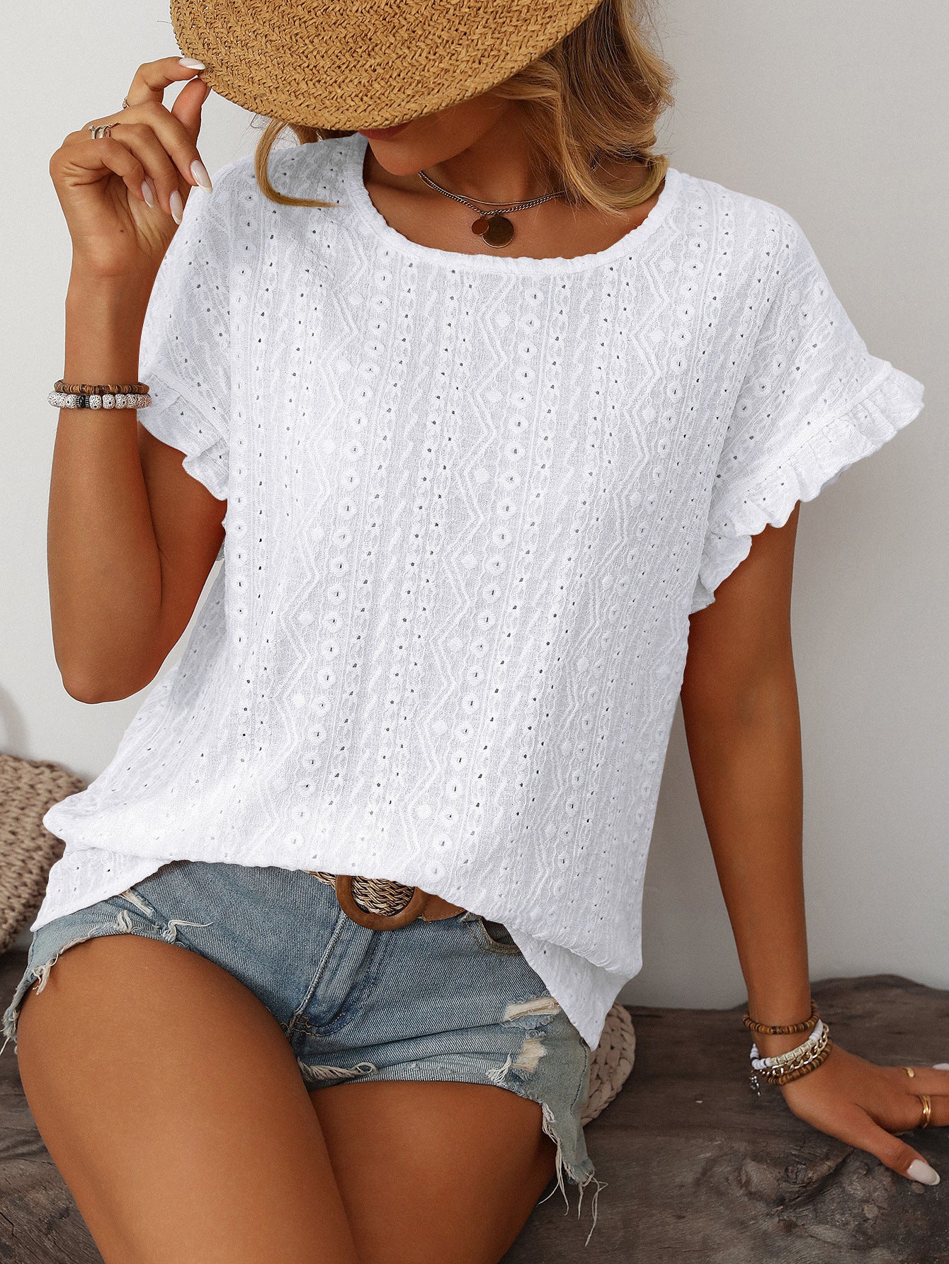 Women’s Eyelet Knit Crewneck Ruffle Sleeve Summer Top