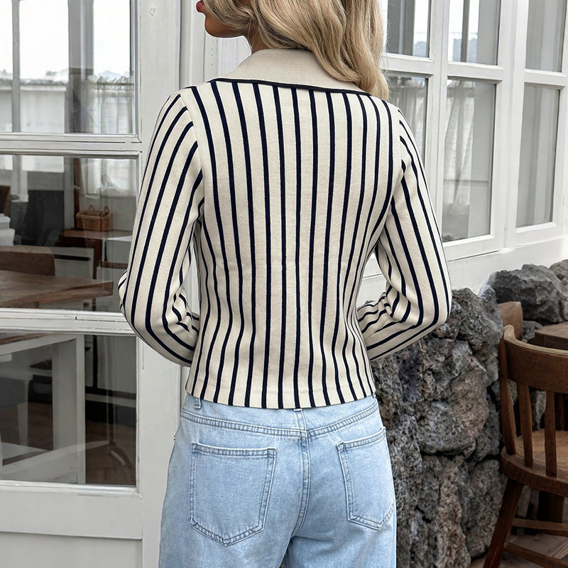 Striped Cropped Cardigan Button Knit V Neck Top
