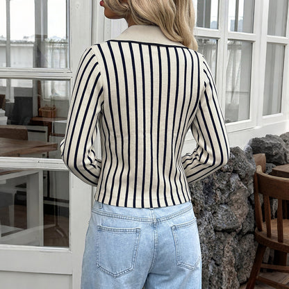Striped Cropped Cardigan Button Knit V Neck Top