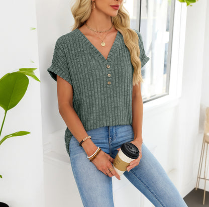 Ribbed Button V-Neck Top – Relaxed Fit Casual Summer Tee