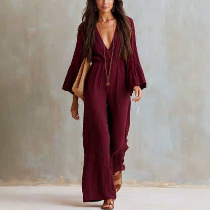 Women's Boho V-Neck Bell Sleeve Wide Leg Jumpsuit
