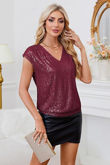 Sequin Sparkly V Neck Sequin Blouse with Raglan Sleeves
