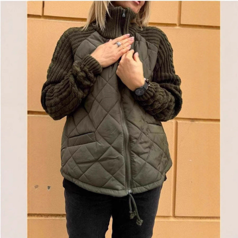 Women's Quilted Zip Jacket Cable Knit Sleeve Stand Collar