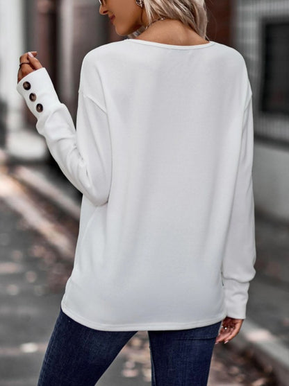 V Neck Button Cuff Long Sleeve Blouse Women Casual Top