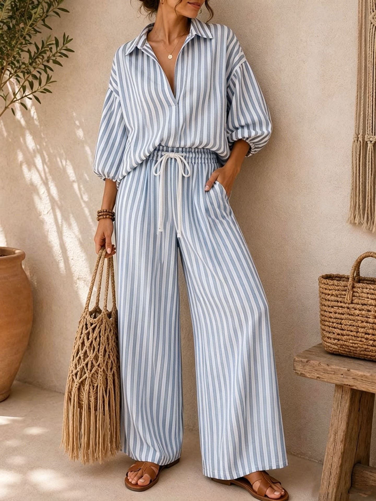 Striped Oversized Shirt Wide Leg Pants Set