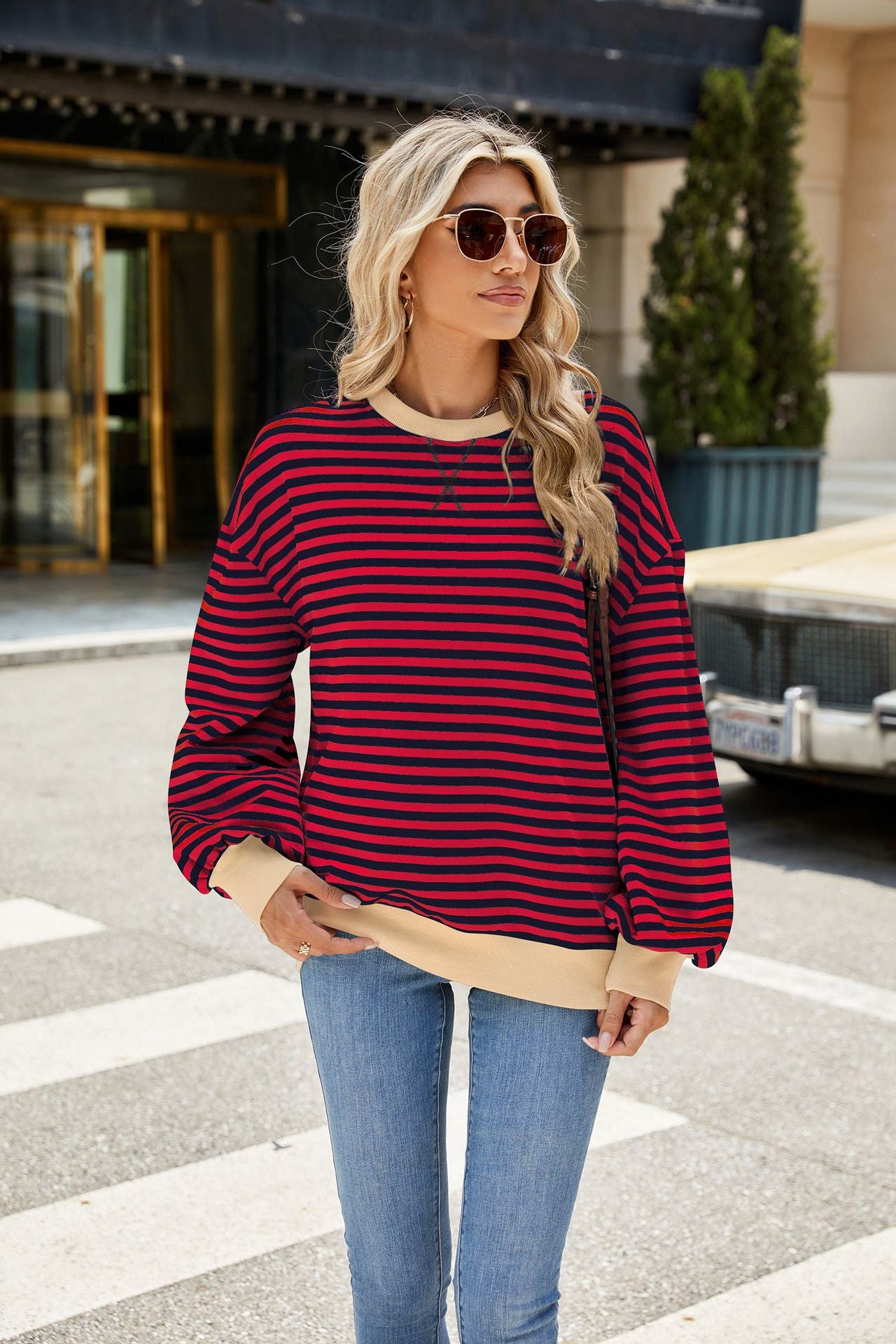 Striped Color Block Crew Neck Loose Fit Long Sleeve Sweatshirt