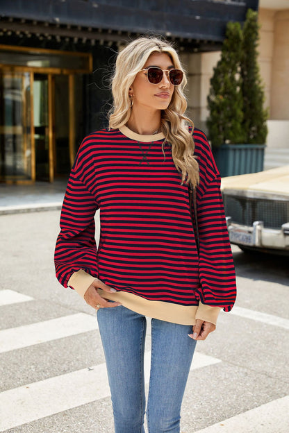 Striped Color Block Crew Neck Loose Fit Long Sleeve Sweatshirt