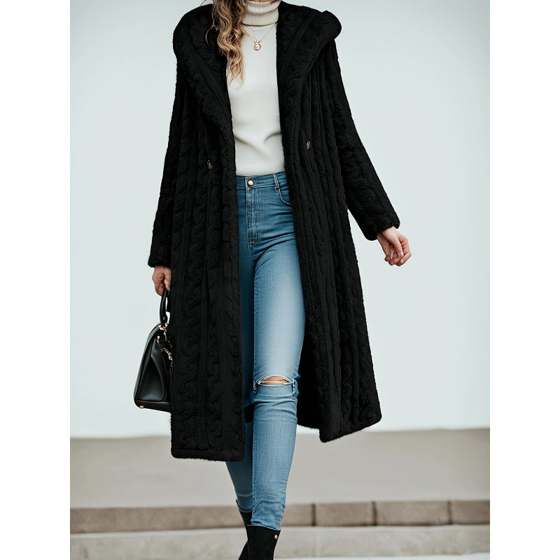 Hooded Long Coat Button Front Knit Outerwear Jacket