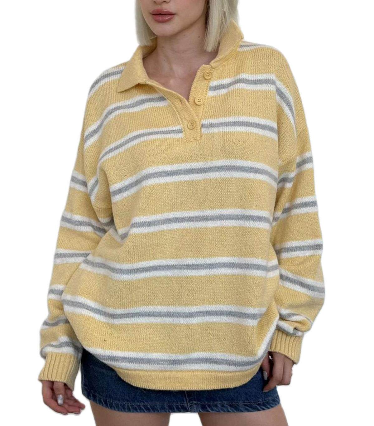 Womens Oversized Striped Polo Sweater Knit Pullover Top