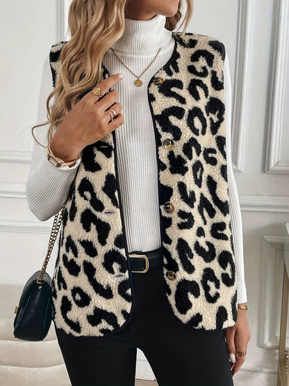 Women's Fuzzy Leopard Print Button Front Vest