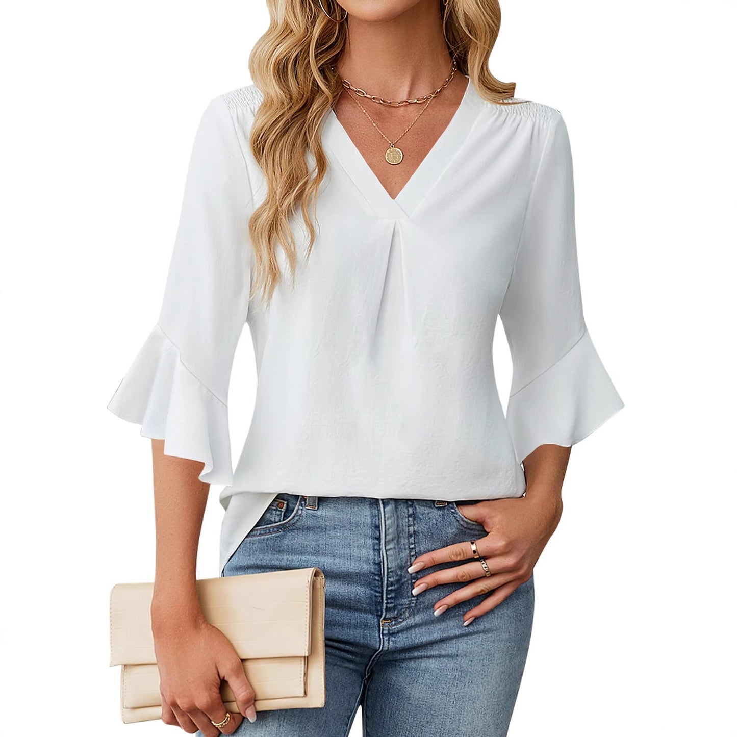 V Neck Ruffle Sleeve Chiffon Blouse Dressy Casual Top