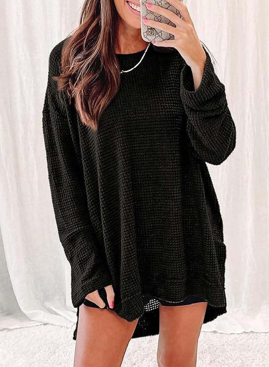 Oversized Waffle Knit Crew Neck Side Slit Long Sleeve Tunic