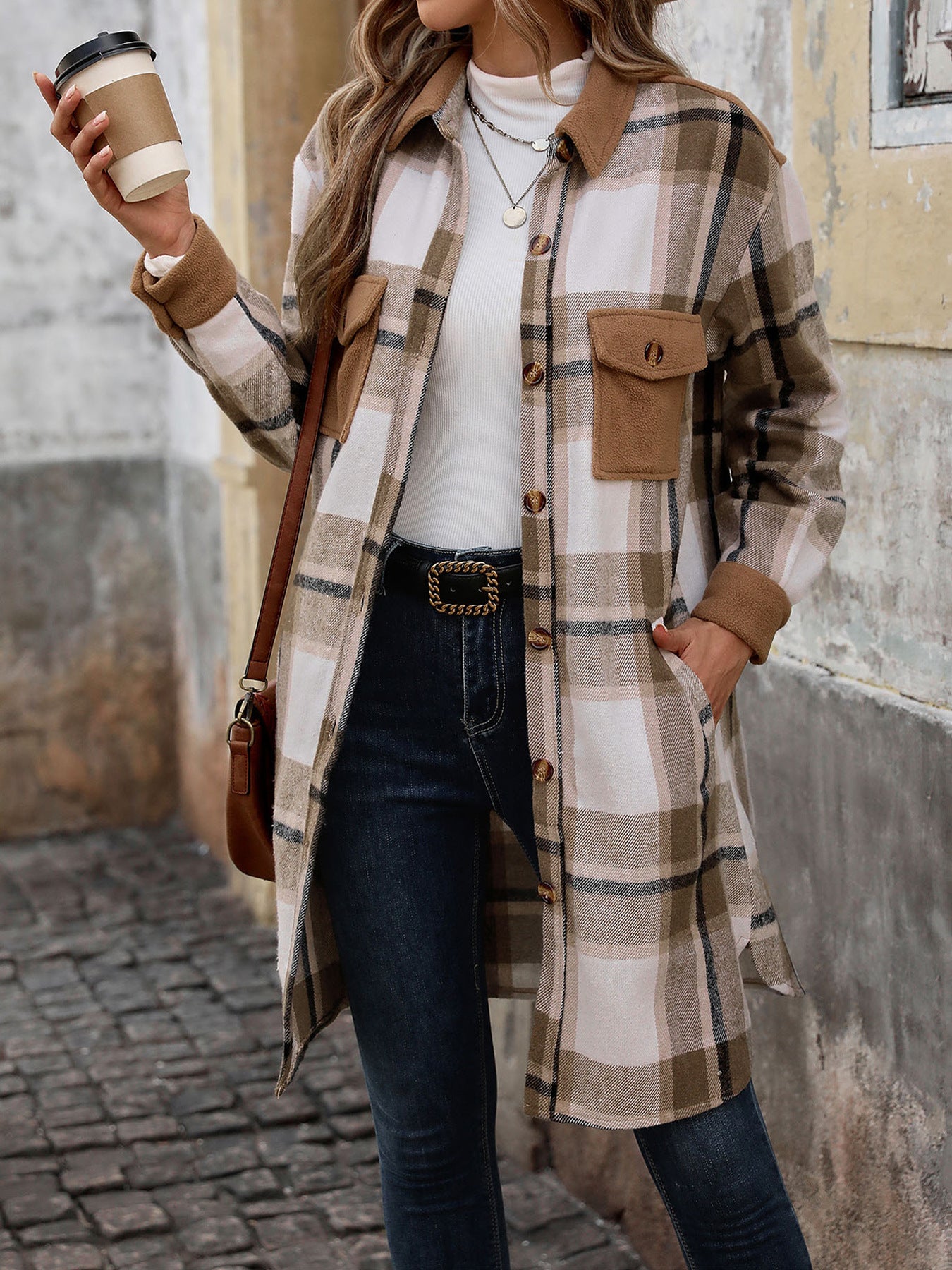 Plaid Shirt Jacket for Women - Long Button Front Coat