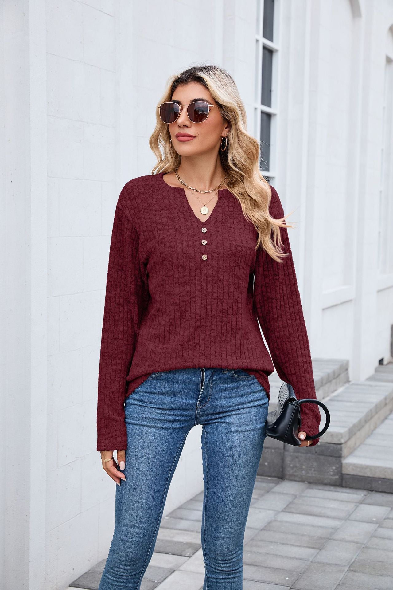 Women's Waffle Knit V Neck Button Long Sleeve Oversized Top