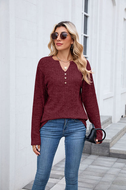 Women's Waffle Knit V Neck Button Long Sleeve Oversized Top