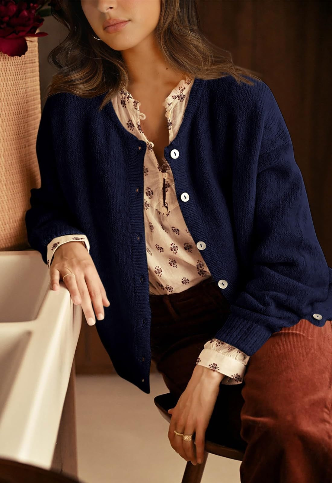 Womens Oversized Button Front Cardigan Knit Sweater