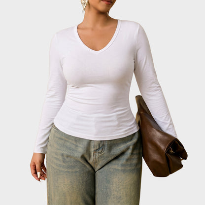 Plus Size V Neck Long Sleeve Fitted T Shirt