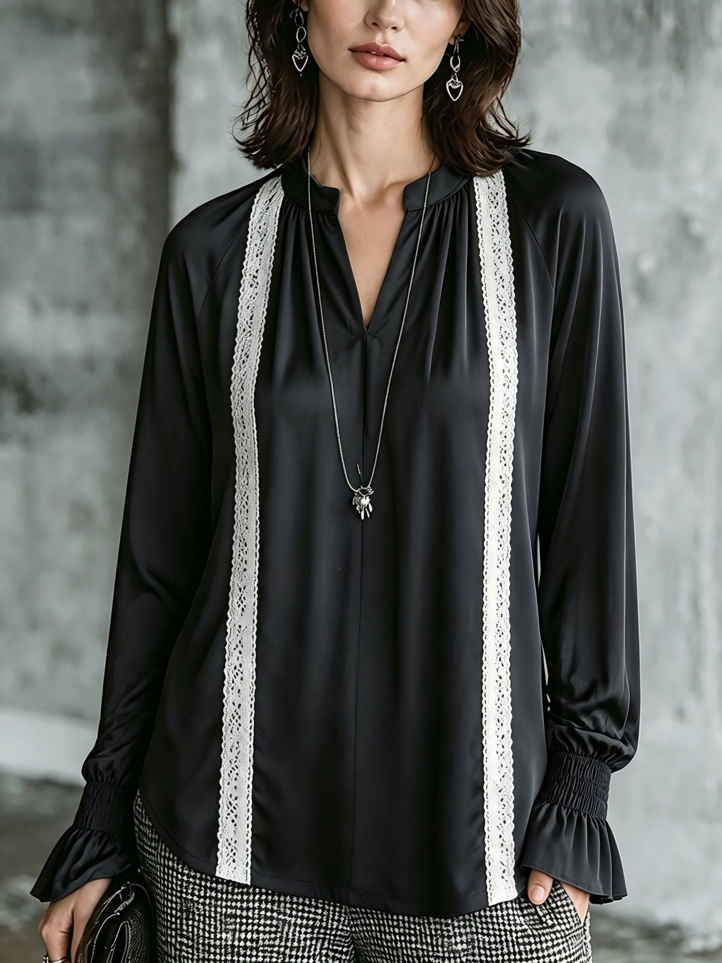 Women's Satin Lace Trim V-Neck Long Sleeve Blouse