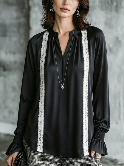 Women's Satin Lace Trim V-Neck Long Sleeve Blouse