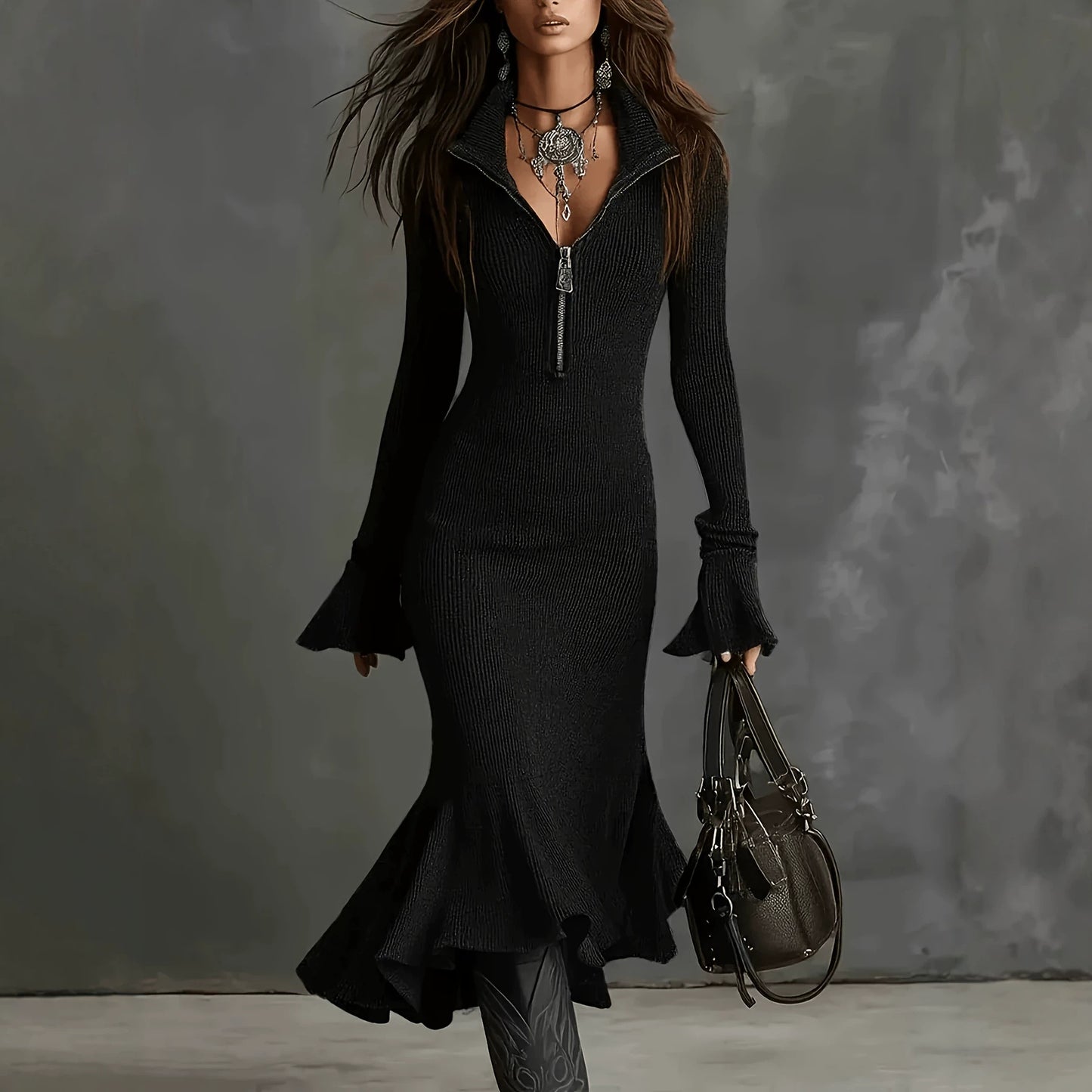 Sexy Zip Front Bell Sleeve Bodycon Mermaid Dress