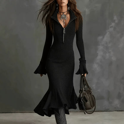 Sexy Zip Front Bell Sleeve Bodycon Mermaid Dress