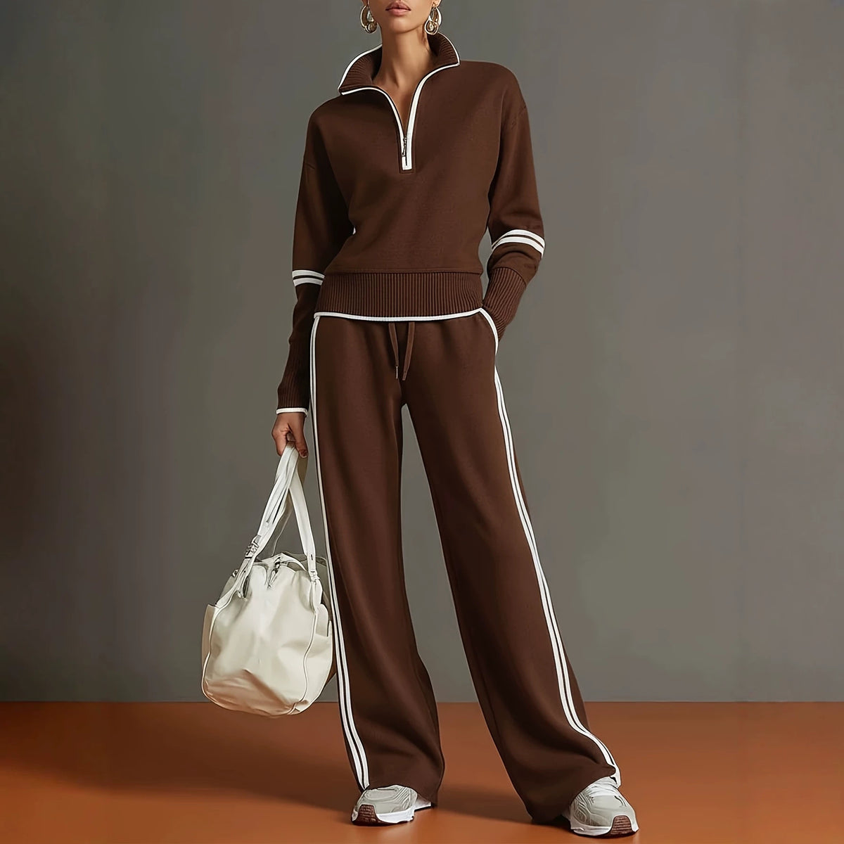 Women's Half Zip Sweatshirt Wide Leg Pants Matching Set