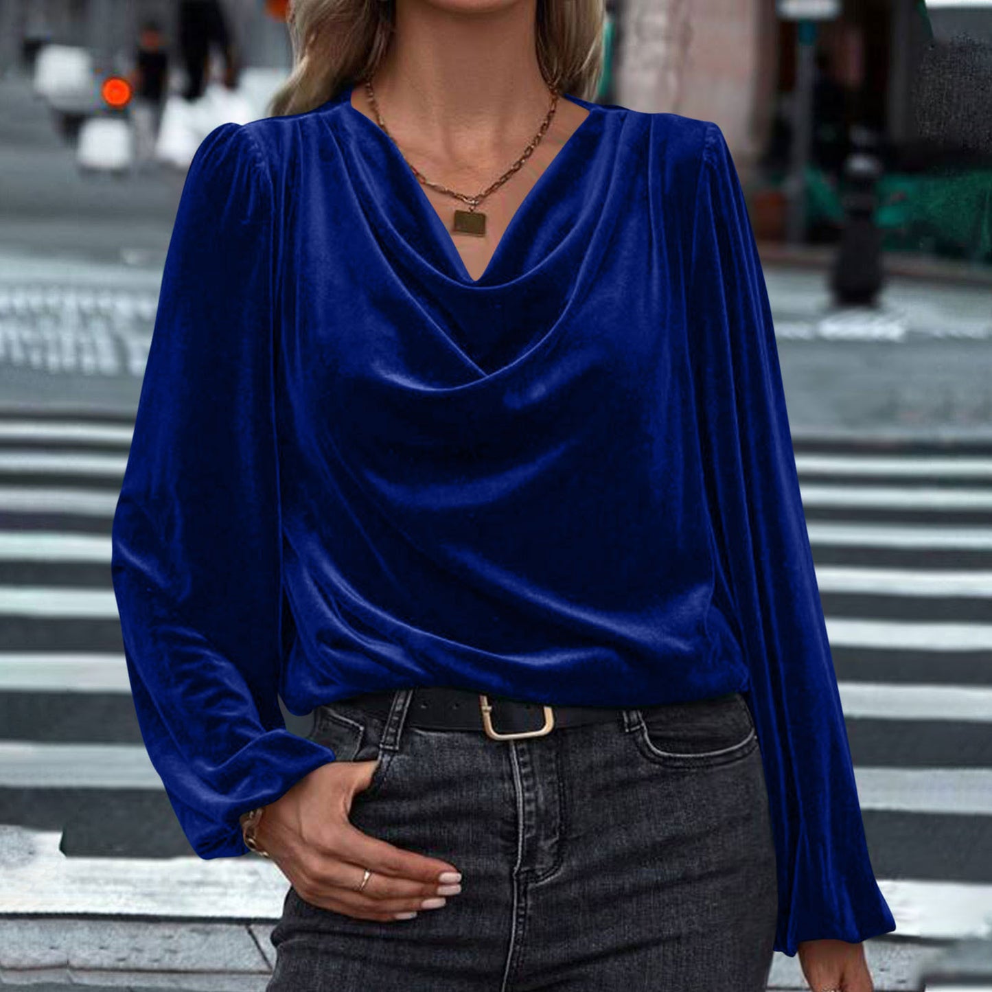 Women's Velvet Cowl Neck Long Sleeve Blouse