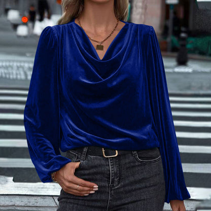 Women's Velvet Cowl Neck Long Sleeve Blouse