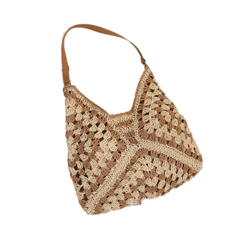 Crochet Straw Shoulder Bag Boho Beach Tote for Women