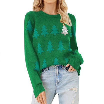 Women's Sequin Christmas Tree Crew Neck Knit Sweater