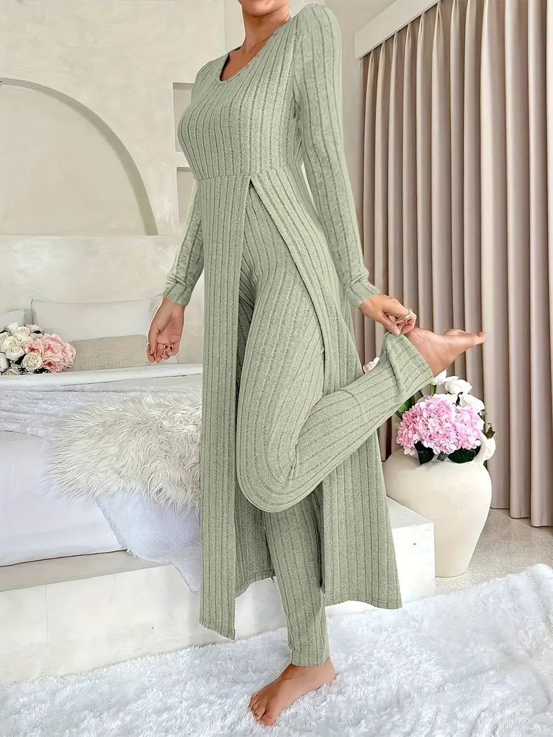 Women's Ribbed Knit Side Split Long Sleeve Two Piece Set