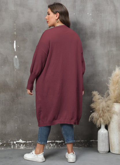 Women's Loose Medium and Long Double Pocket Lantern Sleeve Sweater Cardigan Jacket