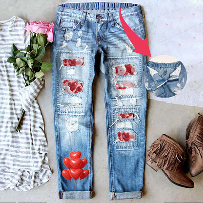 Valentine’s Day Heart Print Distressed Straight Jeans