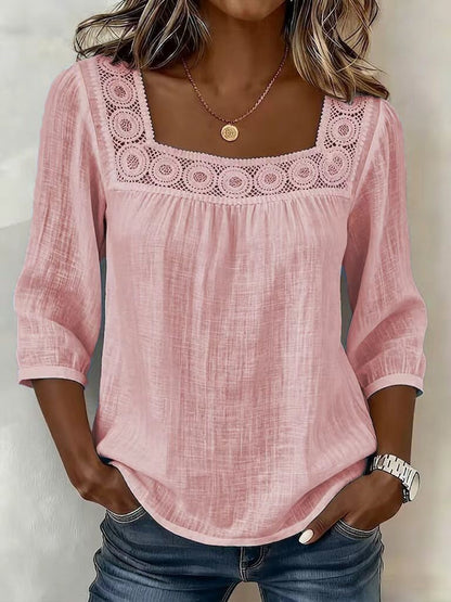 Women's Square Neck Eyelet Lace 3/4 Sleeve Summer Blouse