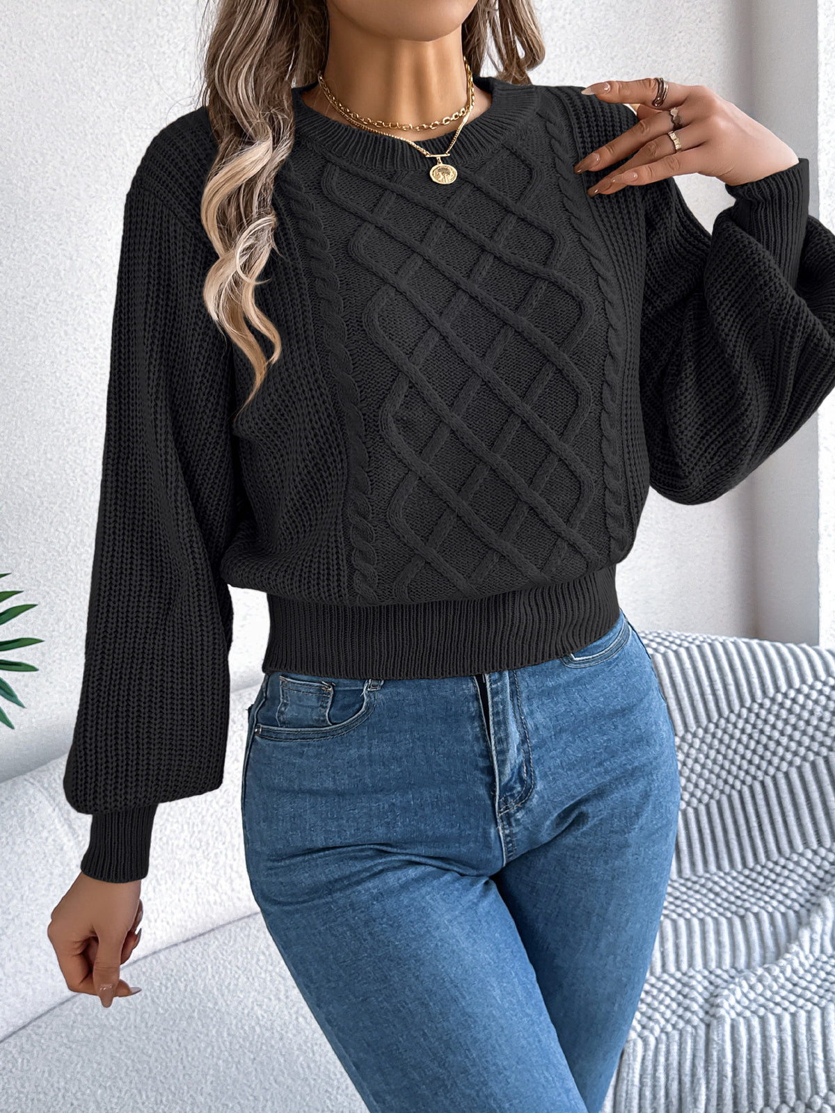 Women's Cable Knit Lantern Sleeve Cropped Sweater