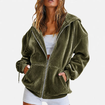 Velvet Zip Up Hoodie Relaxed Fit Hooded Jacket