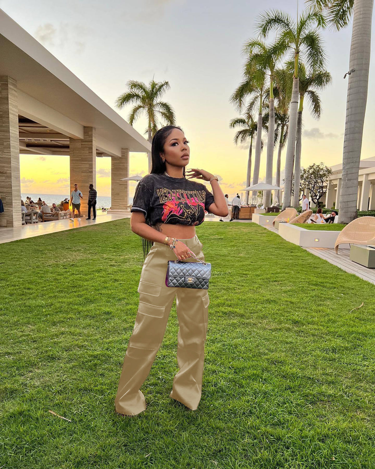 Women's Stretch Satin Cargo Flare Pants Pockets