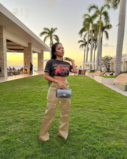 Women's Stretch Satin Cargo Flare Pants Pockets