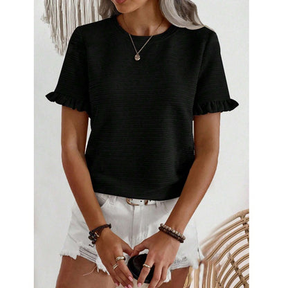Women’s Ruffle Sleeve Textured Round Neck Casual Top