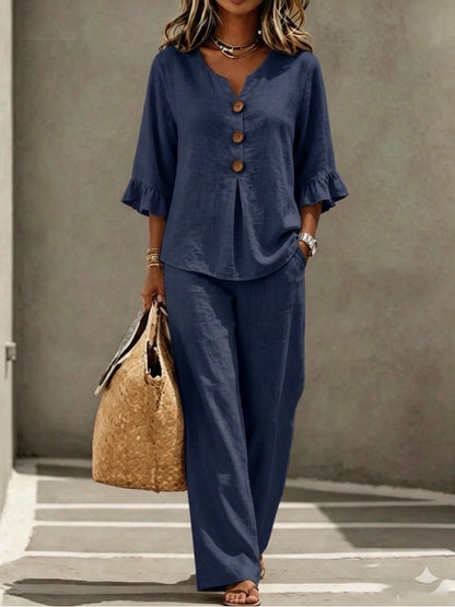 Women's V Neck Ruffle Sleeve Button Top Wide Leg Pants Set