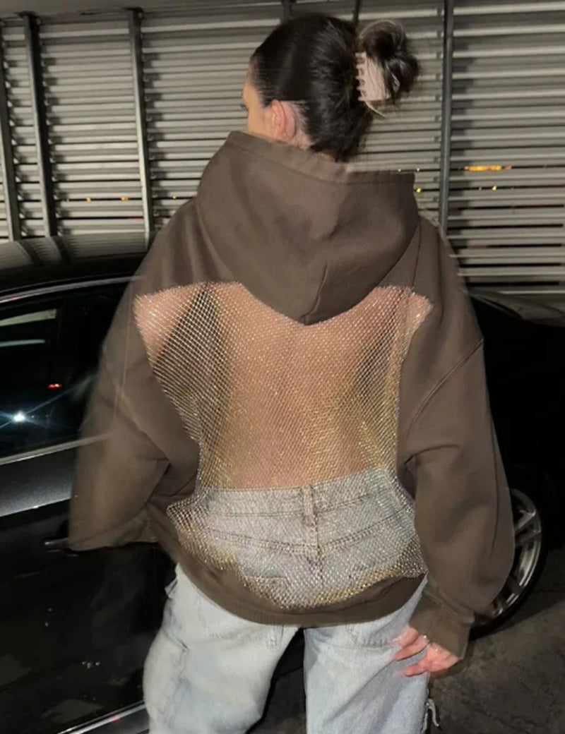 Women's Backless Mesh Hoodie Oversized Cutout Pullover