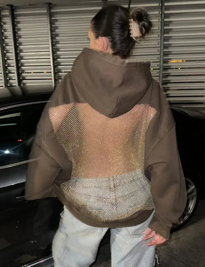 Women's Backless Mesh Hoodie Oversized Cutout Pullover