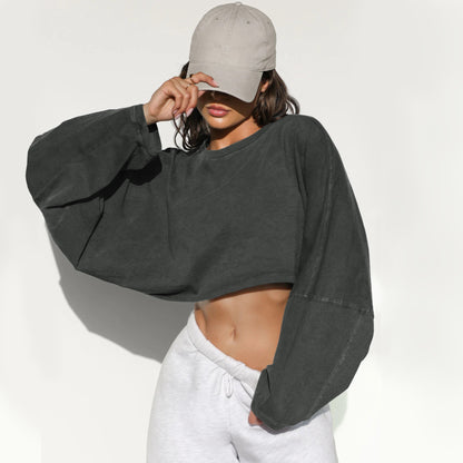 Women's Long Sleeve Oversized Cropped Crew Neck Sweatshirt