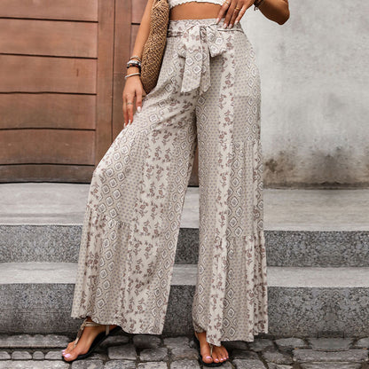 Boho Print Wide Leg Pants High Waist Tie Waist Palazzo Pants