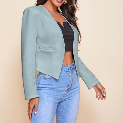 Women's Cropped Blazer Open Front Zip Pocket Jacket
