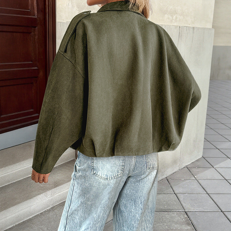 Women's Faux Suede Zip Jacket Oversized Vintage Batwing