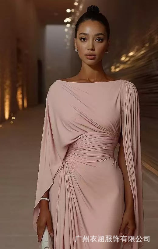 Women's Boat Neck Ruched Batwing Sleeve Maxi Dress