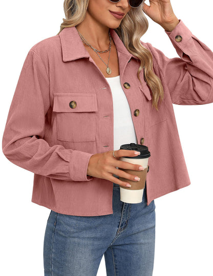 Women's Corduroy Cropped Shacket Button Down Jacket