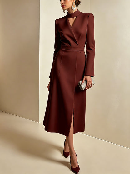 Women's V Neck Long Sleeve A-Line Midi Slit Dress